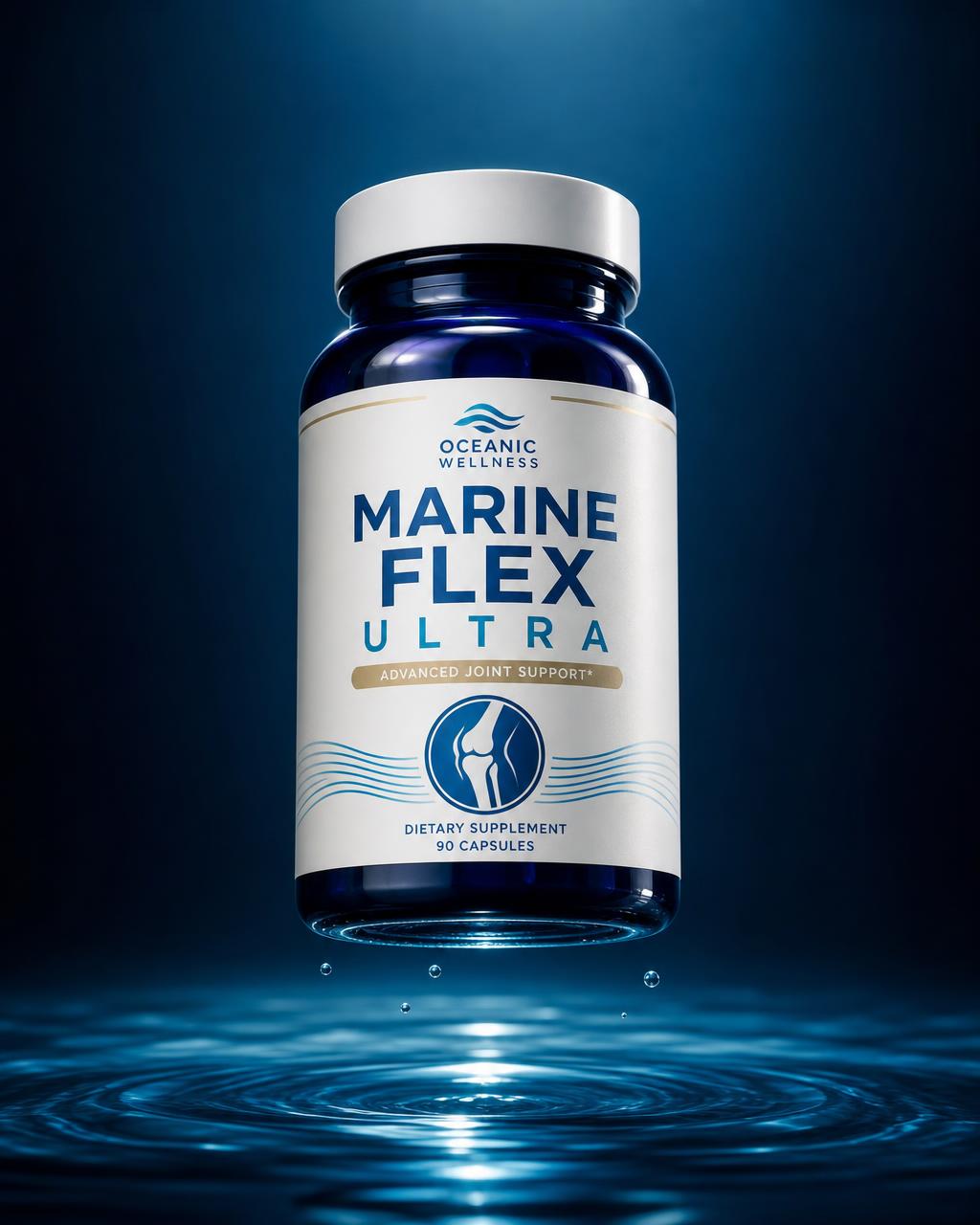 Marine Flex Ultra supplement bottle floating above rippling ocean water