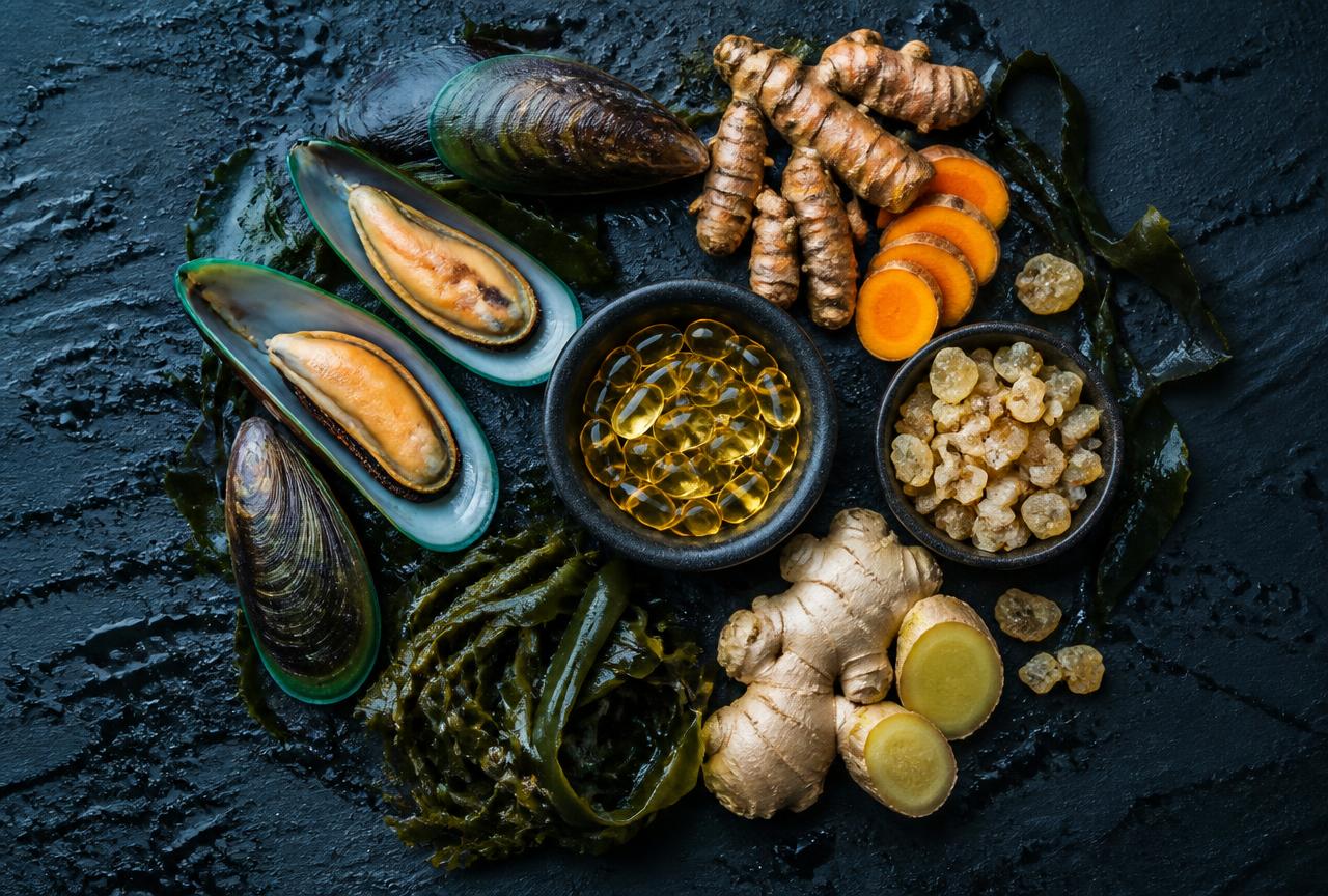Green-lipped mussels, turmeric root, marine oil softgels, boswellia resin, kelp and ginger arranged on wet slate