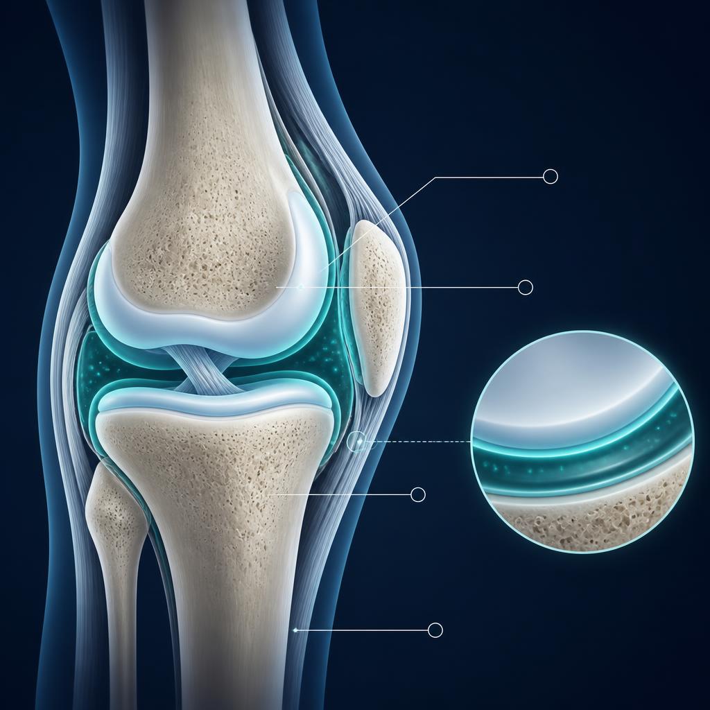 Cross-section illustration of a knee joint showing cartilage cushion and synovial fluid