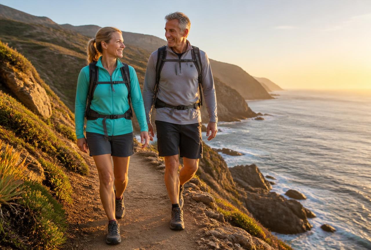 Active couple in their fifties hiking a coastal trail at sunrise